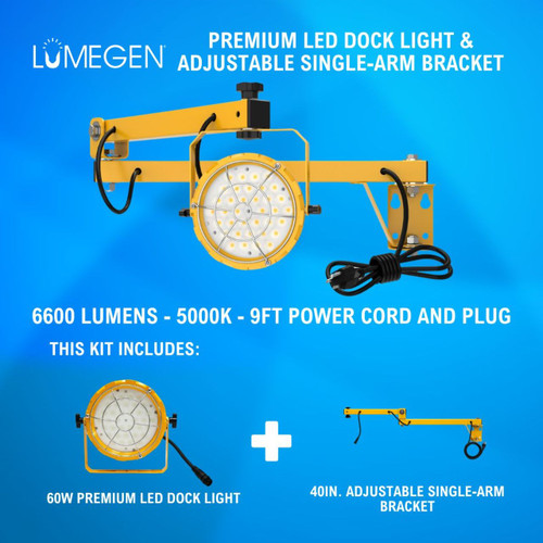 60W Premium LED Dock Light - 40in. Adjustable Single-Arm Bracket - 6600 Lumens - 5000K - 9ft Power Cord and Plug