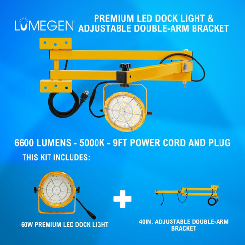 60W Premium LED Dock Light - 40in. Adjustable Double-Arm Bracket - 6600 Lumens - 5000K - 9ft Power Cord and Plug