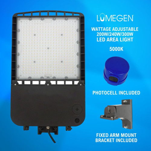 LED Area Light with Photocell and Fixed Arm Mount Bracket - Wattage Adjustable 200W/240W/300W - 5000K - LumeGen