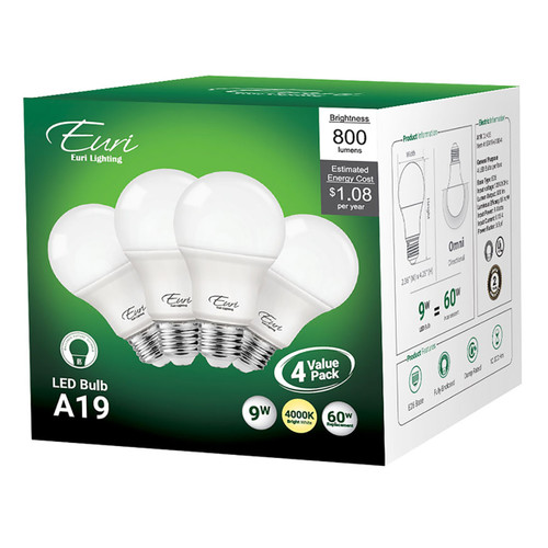 4-Pack LED A19 - 9 Watt - 60W Equiv. - 800 Lumens - Euri Lighting