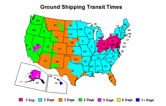 Map of United States Ground Shipping Transit Times