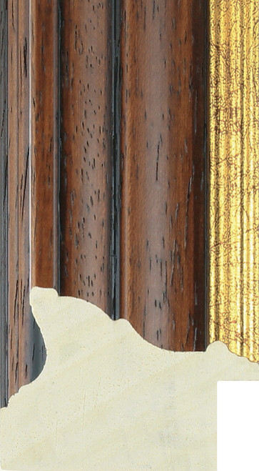 Walnut coloured tradition picture frame moulding with a gold edge/