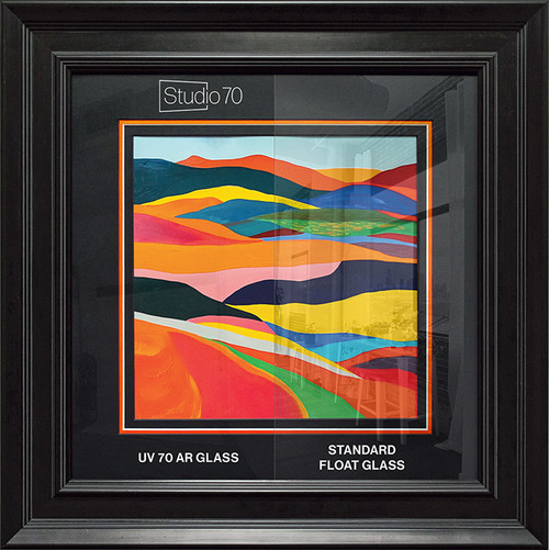 Art print framed using standard glass and Studio glass -shows the difference