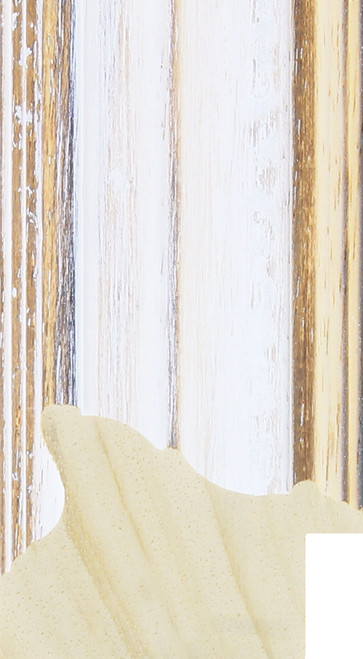 Distressed white wooden moulding with a generous rebate.