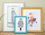 3 French art prints framed in colourful vintage mouldings