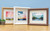 3 bright landscape prints in round top picture frames