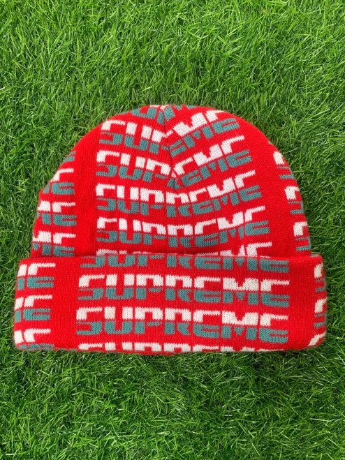 Supreme Logo Beanie - Red Knit Hat with Multicolor All-Over Branding