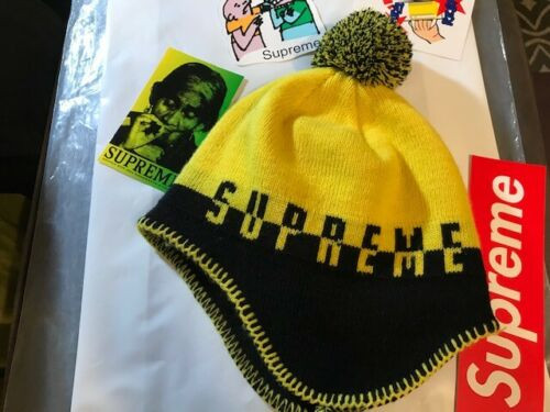 Supreme Predator Beanie Earflap Black/Yellow FW19 – Split Logo Winter Hat for Cold-Weather Style
