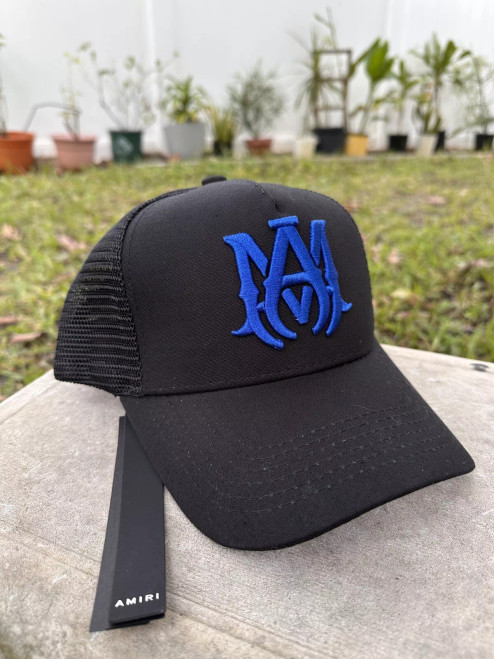 Amiri Black Mesh Cap with Blue Gothic 'AM' Logo Embroidery - Unisex Designer Trucker Hat