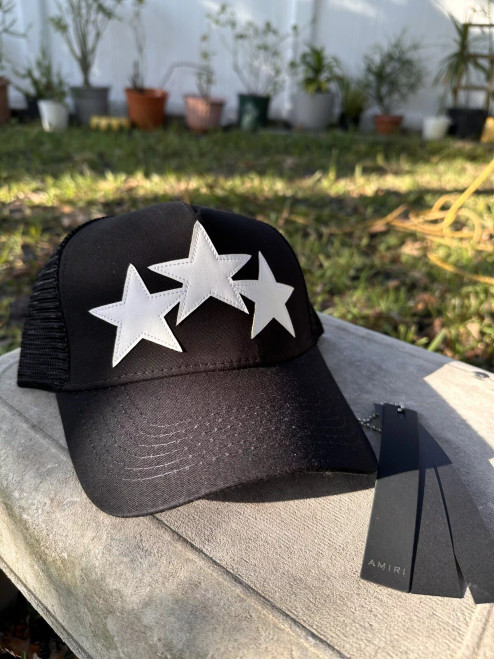 Amiri Black Trucker Cap with Triple White Star Design - Unisex Streetwear Hat