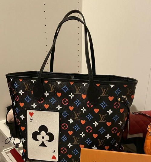 Authentic Louis Vuitton Game On Neverfull MM Black Monogram Handbag with Receipt