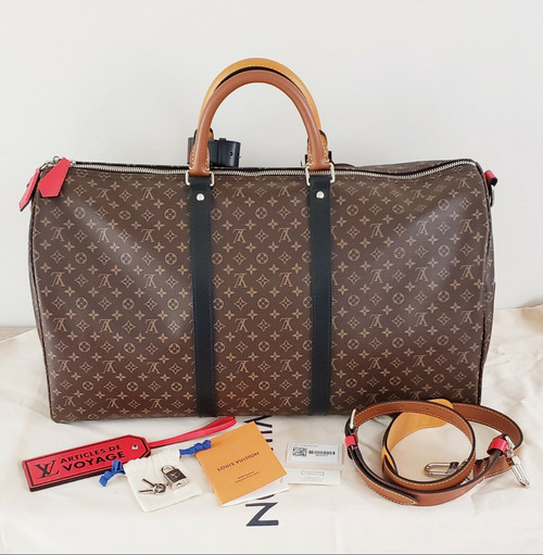 Authentic Louis Vuitton "Patchwork" Keepall Bandoulière 50 - Monogram Coated Canvas, Brand New, M44936

Product Description:
The Authentic Louis Vuitton "Patchwork" Keepall Bandoulière 50 is a luxury travel essential that blends Virgil Abloh's contemporary design with the timeless elegance of Louis Vuitton’s Monogram canvas. Released for the Fall-Winter 2020-21 collection, this brand-new bag offers a modern take on the iconic Keepall style, making it the ultimate statement piece for any traveler or fashion enthusiast.

This large-capacity cabin-size bag is designed to accommodate all your essentials with ease while offering the sleek sophistication that Louis Vuitton is known for. With cowhide leather accents, a removable leather zipped pocket, and a signature LV tag, the Keepall "Patchwork" is as functional as it is stylish.

Key Features:

Material: Monogram coated canvas with cowhide leather trim
Size: 19.7" (L) x 11.4" (H) x 9.1" (W) – ideal cabin-size for travel
Strap: Adjustable, removable leather shoulder strap with a drop of 14.2” - 19.7”
Interior: Textile lining, inside zipped pocket, and removable leather zipped pocket
Hardware: Silver-color hardware for a chic finish
Made in France – Authentic craftsmanship
Included: QR code seal, cloth bag, materials card, LV box
Authentic Louis Vuitton "Patchwork" Keepall Bandoulière 50 - Monogram Coated Canvas, Brand New, M44936