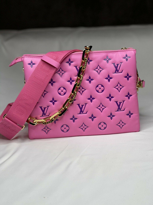 Louis Vuitton Coussin PM Vuittamins in pink/purple puffy monogram lambskin with gold chain