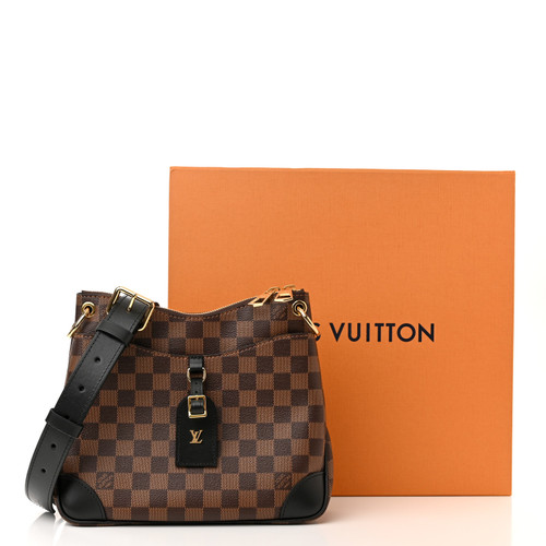 Louis Vuitton Damier Ebene Odeon PM messenger bag in coated canvas with black leather trim and adjustable strap