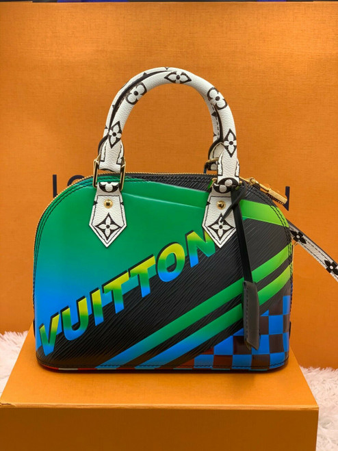 "Louis Vuitton Épi Damier Race Alma BB in blue and green checkered leather with silver-tone hardware and removable straps