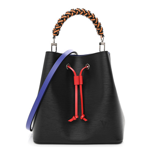Louis Vuitton Épi Braided NéoNoé MM bucket bag in black Épi calfskin with saffron braided handle and indigo strap