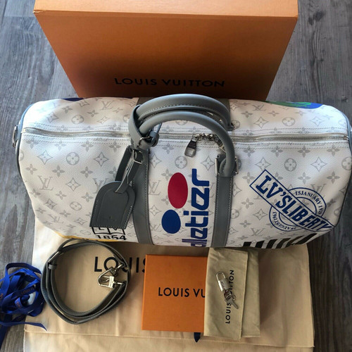 100% Authentic Louis Vuitton Keepall Bandoulière 50 Logo Story by Virgil Abloh – Monogram Canvas, New with Tags & Full Accessories