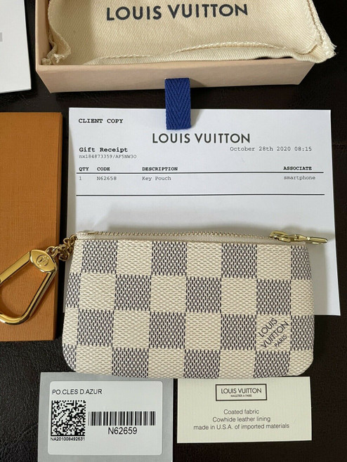 100% Authentic Louis Vuitton Damier Azur Key Pouch Clés – 2020 Canvas Zip Wallet with Chain & Hook, New with Receipt & Box