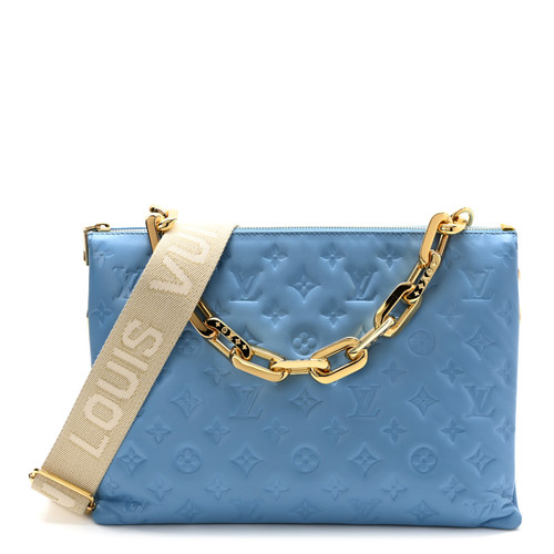 100% Authentic Louis Vuitton Coussin MM “Bleuet” – Navy Blue Monogram-Embossed Lambskin, Dual Gold Chain & Canvas Straps, New with Box & Dust Bag