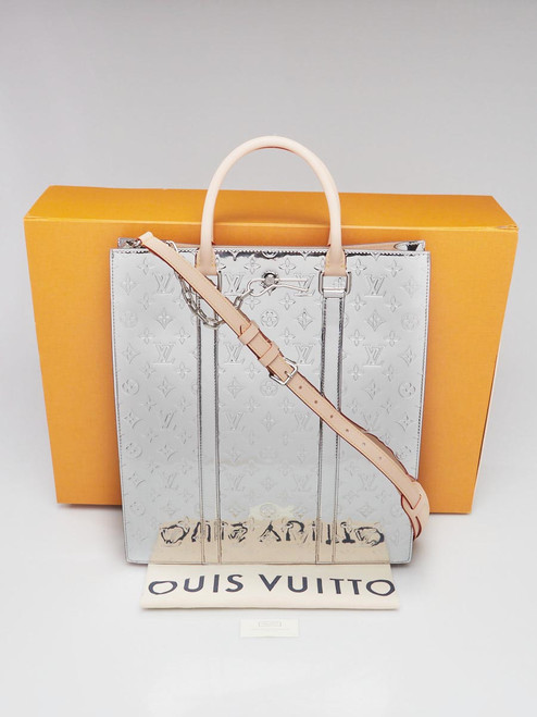 Louis Vuitton Sac Plat NM Monogram Miroir tote in reflective silver canvas with natural vachetta handles and detachable strap