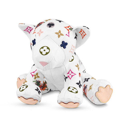 Louis Vuitton Doudou Tiger plush in brown Monogram velour with embroidered Monogram flower eyes and natural cowhide leather yoke