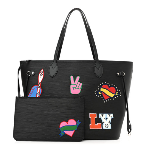 Louis Vuitton Epi Stickers Neverfull MM in Black with decorative patch stickers and matching pochette