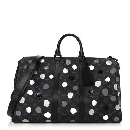 Louis Vuitton x Yayoi Kusama Monogram Eclipse Keepall Bandoulière 45 in black coated canvas with silver polka dots and silver-tone hardware