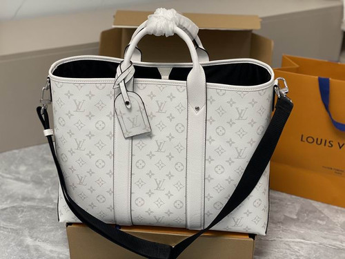 Louis Vuitton Weekend Tote NM in Monogram Washed Denim canvas with Taiga leather handles and removable shoulder stra