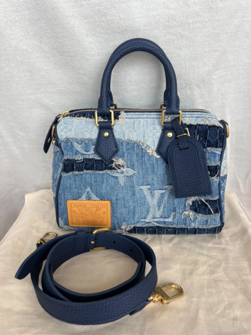 Louis Vuitton Speedy 25 Bandoulière Denim Patchwork M15276 – Authentic Limited Edition, Monogram Denim, Stone-Washed with Boro Repair Technique