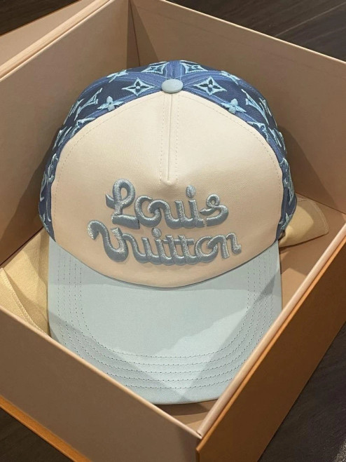 Louis Vuitton x Tyler, the Creator Mesh Signature Cap SS24 – white cotton front with 3D LV signature, blue monogram mesh back, new