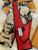 The image shows a Louis Vuitton scarf with a distinctive design. The scarf features a combination of red and beige colors, with the beige sections adorned with the classic Louis Vuitton monogram pattern. The design also includes artistic illustrations of what appear to be Louis Vuitton bags. The brand name "LOUIS VUITTON" is prominently displayed on the red section of the scarf. The scarf is placed on a white fur surface, with a Louis Vuitton box and a receipt partially visible in the background