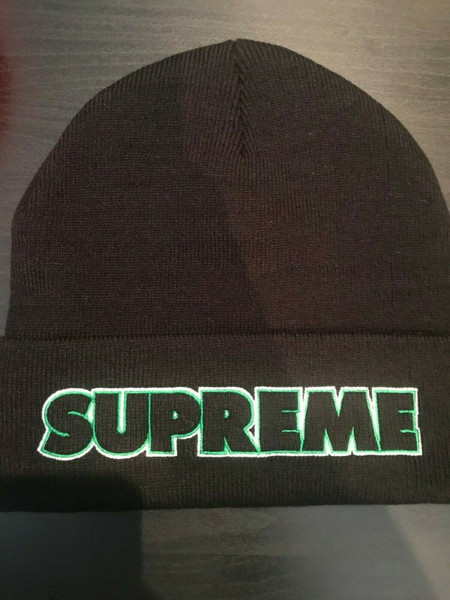 Supreme Knit Beanie in Black with Iconic Green & White Logo