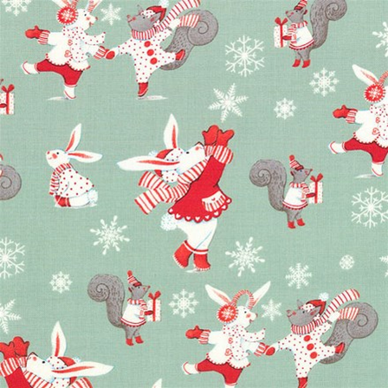 Holiday Squirrels and Bunnies Fabric Sage Green