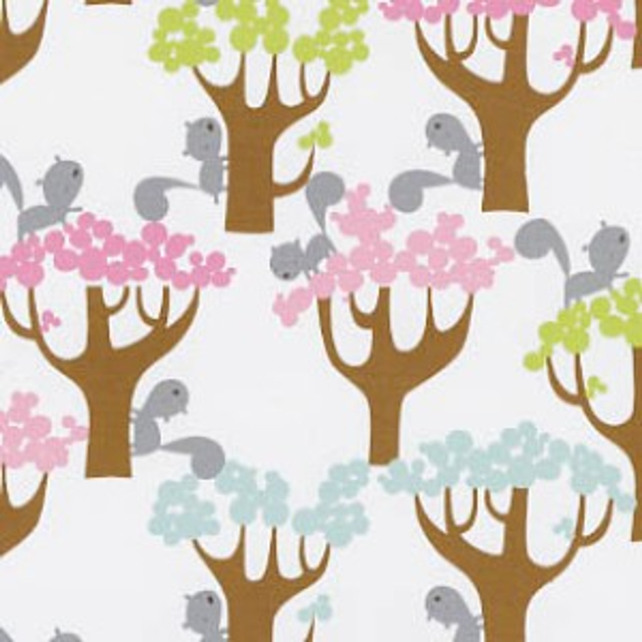 Scrambling through large scale colorful trees, this family of curious squirrels ramble across this whimsical woodland design.