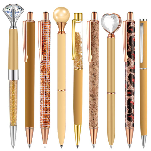 Janmini 9 Pcs Ballpoint Pens Set Metal Crystal Diamond Glitter Pens for Journaling Black Ink Pretty Cute Things Fancy Stationery Gifts for Women Girls Birthday Home Office Desk(Brown)