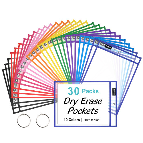 SUNEE 30 Packs Oversized Reusable Dry Erase Pocket Sleeves with 2 Rings, 10 Assorted Colors 10x14 Ticket Holders, Clear Plastic Sheet Protectors, Teacher School Classroom Supplies
