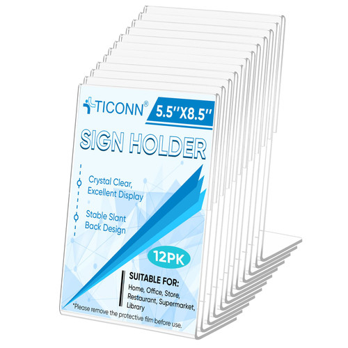TICONN 5.5 x 8.5 Acrylic Sign Holder, L Shape Clear Stand for Displaying, Plastic Paper Holder for Office, Store, Restaurant (Vertical 12 Pack)