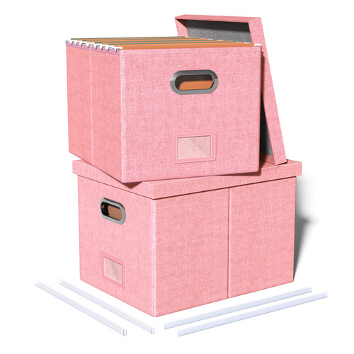 2 Pack File Storage Organizer, Portable File Box with Lid, Fit for Letter/Legal File Folder Storage, New-pink