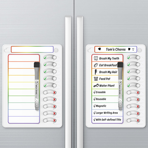 Chore Chart for Kids Dry Erase Chore Board ADHD Tools for Kids to Do List Checklist Task Board Routine Chart Planning Board for Fridge with 10 Sliders and Magnetic Marker, White and Rainbow, 2 Pack