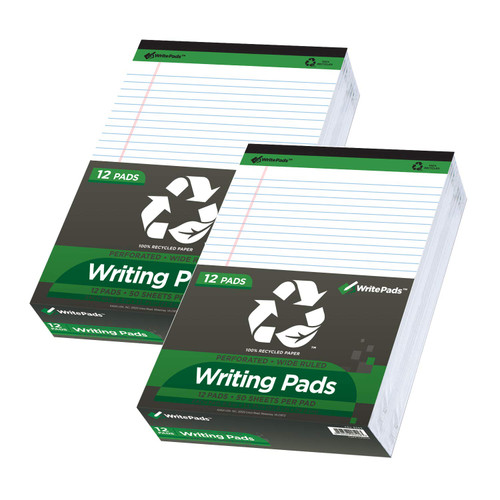 KAISA Legal Pads Writing Pads Recycled Paper Pads, 8.5"x11.75" Wide Ruled, 50 sheets/Pad 8-1/2"x 11-3/4" Large Perforated Writed Pad, White 24pads