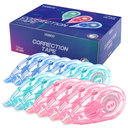 Vobou White Correction Tape, Easy To Use Applicator for Instant Corrections, For school, Office (Blue,Green,Pink, 12pack, 6M/256" x 0.2")