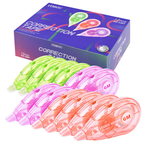 Vobou White Correction Tape, Easy To Use Applicator for Instant Corrections Wrong Writing At Any Time, For school, Office (red, purple, green, 12pack, 6M/256" x 0.2")