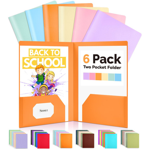Sooez 6Pack Folders with Pockets, Heavy Duty Plastic File Folders, 2 Pocket Folders, School & Office Filing Supplies
