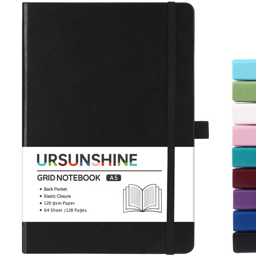 Graph Grid Paper Notebook/Journal - Classic Journal/Notebook with Ribbon Divider, Hardcover with Thick Paper, 5.3" x 8.26", Banded + Pen Holder +Inner Pocket - Black