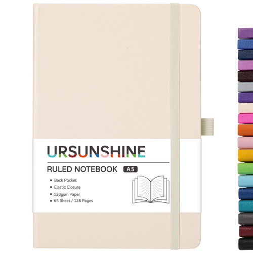 Ruled Notebook/Journal - Classic Lined Journal/Notebook, 5.3'' x 8.26'', Hardcover with Thick Paper, Banded + Pen Holder +Inner Pocket - Vanilla