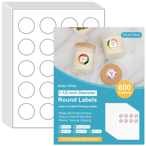 MaxGear 1.5" Round Sticker Labels, for Inkjet or Laser Printer, Matte White Printable Labels Sheets, Strong Adhesive, Dries Quickly, Holds Ink Well, 30 Sheets, 600 Pcs