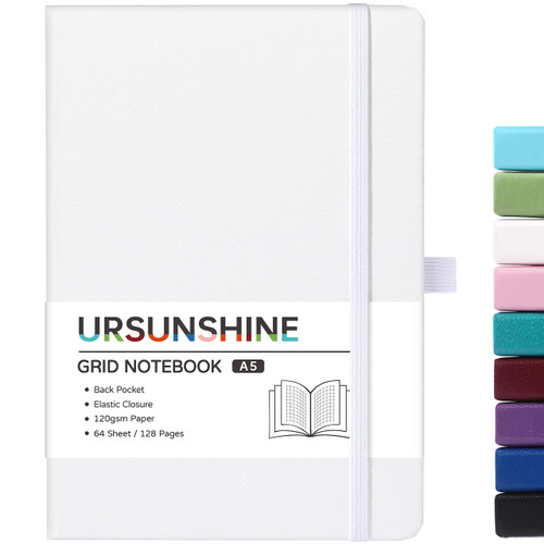 Graph Grid Paper Notebook/Journal - Classic Journal/Notebook with Ribbon Divider, Hardcover with Thick Paper, 5.3" x 8.26", Banded + Pen Holder +Inner Pocket - White