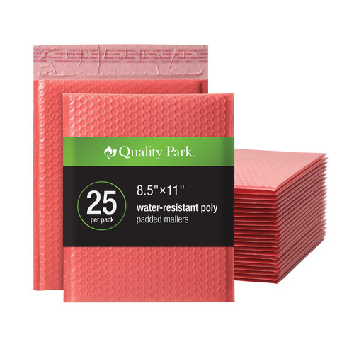 Quality Park Bubble Mailers, 8.25 x 11 Shipping Envelopes, Water Resistant Coral Poly Padded Envelopes, Redi-Strip Peel Off Strip, 25/Box (QUA85871)