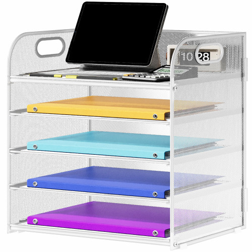 Cawukege 5 Tier Paper Organizer with Handle, Metal Mesh Desk Organizer File Folder Paper Letter Tray Desktop Document Sorter for Classroom, School, Office Accessories Organization and Storage - White