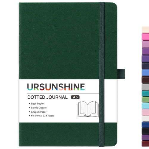 Dotted Journal/Notebook - Dot Grid Hard Cover Notebook, Premium Thick Paper with Fine Inner Pocket, Black Smooth Faux Leather, Pen Loop, 5.3'' x 8.26'' - Turquoise
